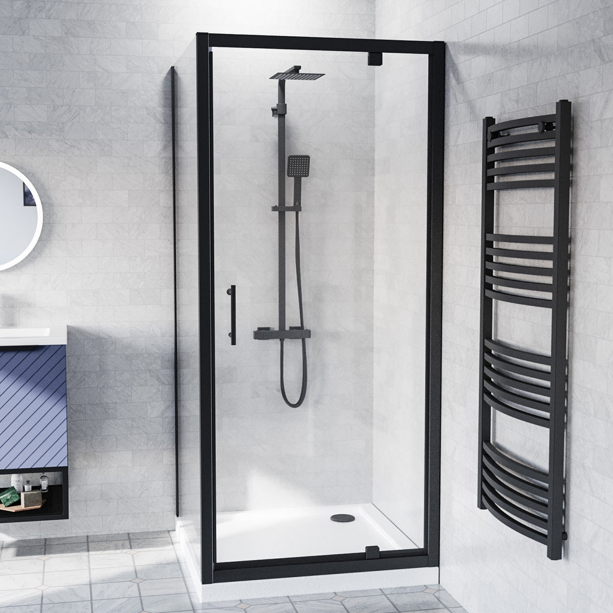 Shower Pivot Door 700mm x 1850mm & Side Panel with Tray & Waste - Matte Black