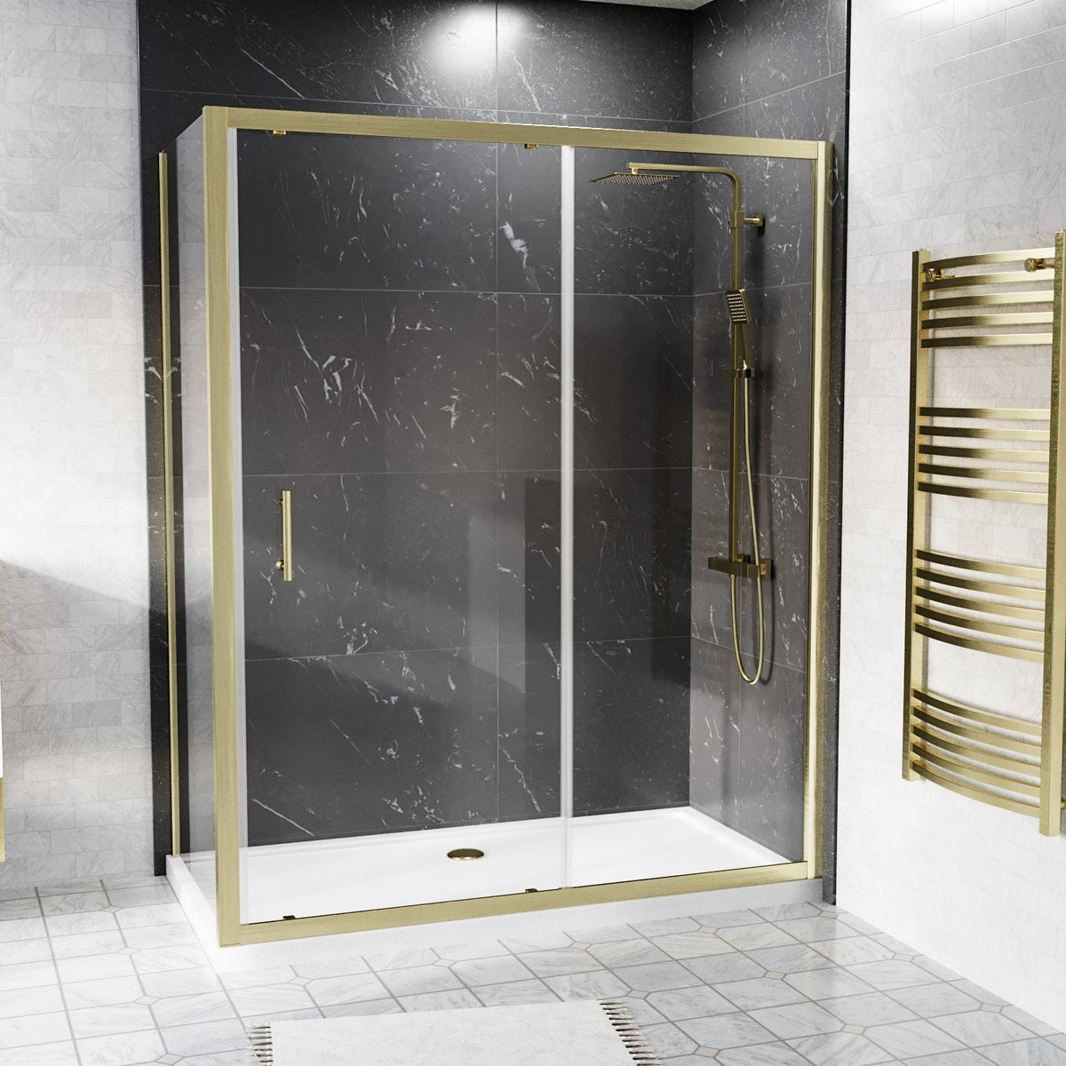 Shower 1400 x 1850mm Slider Door With 700mm Side Panel & Tray - Brushed Brass