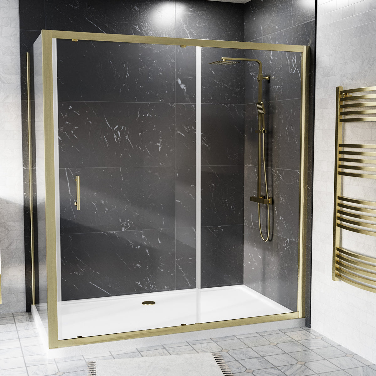 Shower 1600 x 1850mm Slider Door With 1000 x 1850mm Side Panel - Brushed Brass