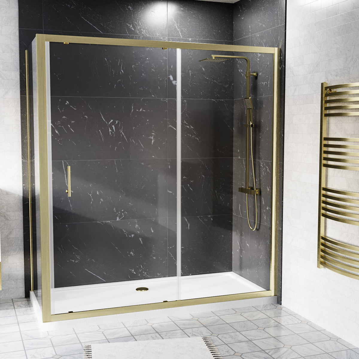 Shower 1700 x 1850mm Slider Door With 700 x 1850mm Side Panel - Brushed Brass