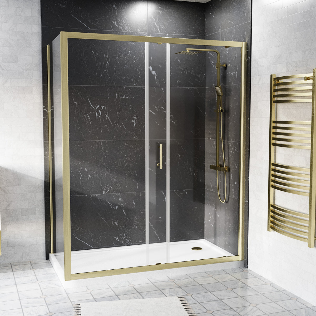 Shower 1500 x 1850mm Slider Door With 760 x 1850mm Side Panel - Brushed Brass