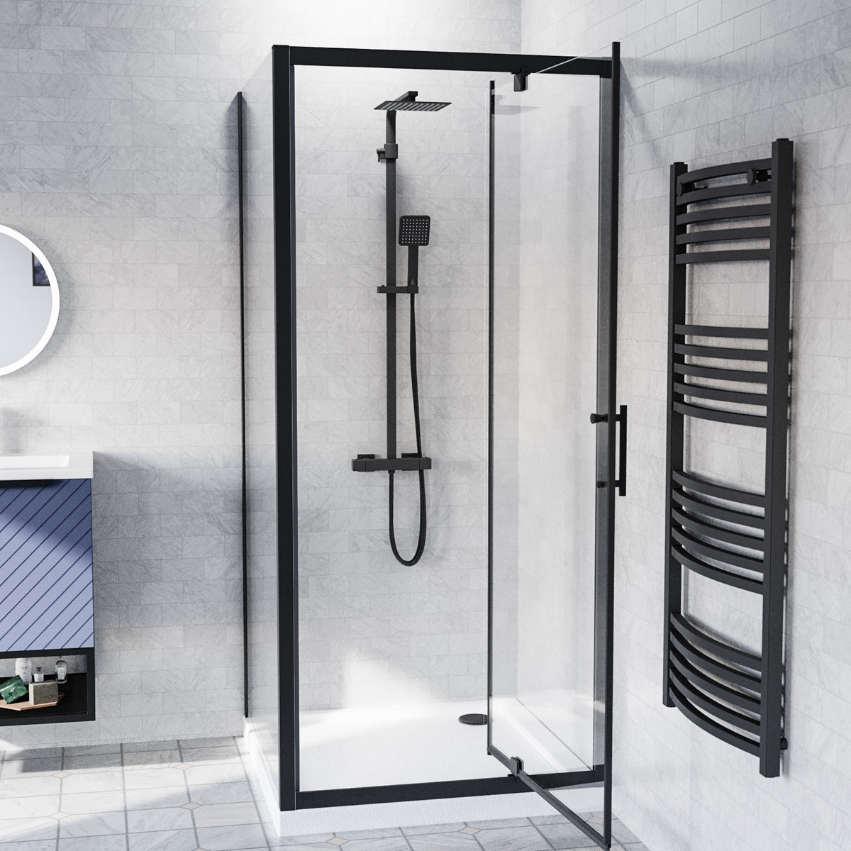 Shower Pivot Door 900mm x 1850mm & 760mm Side Panel with Tray & Waste - Matte Black