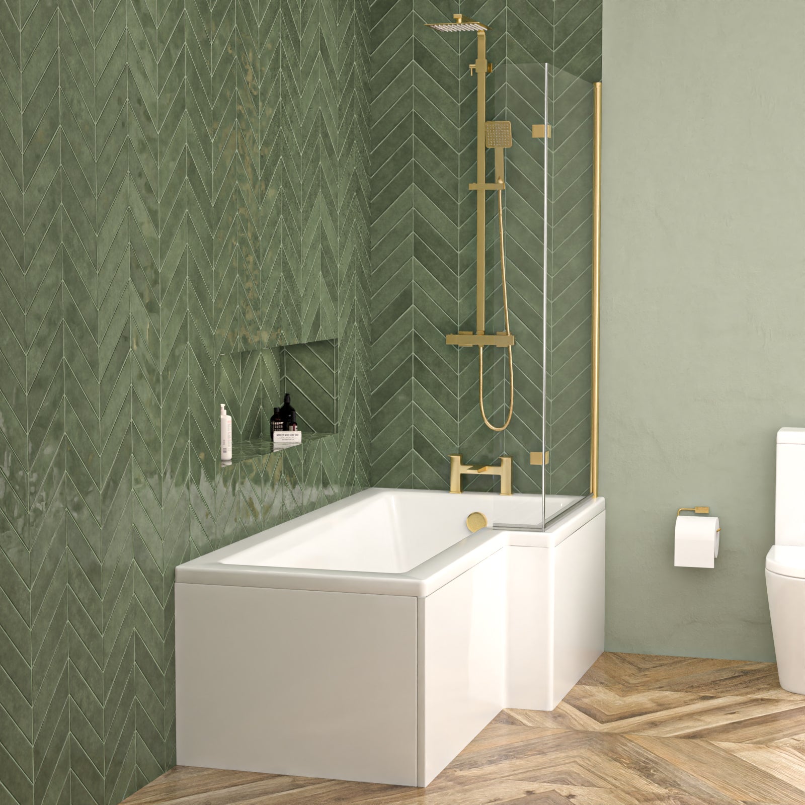 Right Hand L Shaped Shower Bath With Front Panel & Brushed Brass Screen