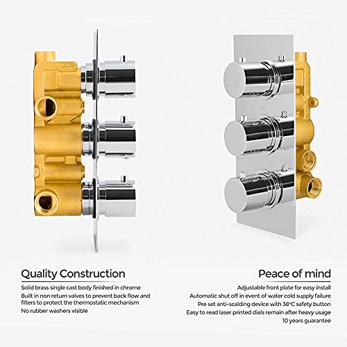 Lily Round 3 Dial 3 Way Brass Concealed Thermostatic Shower Mixer Valve Chrome