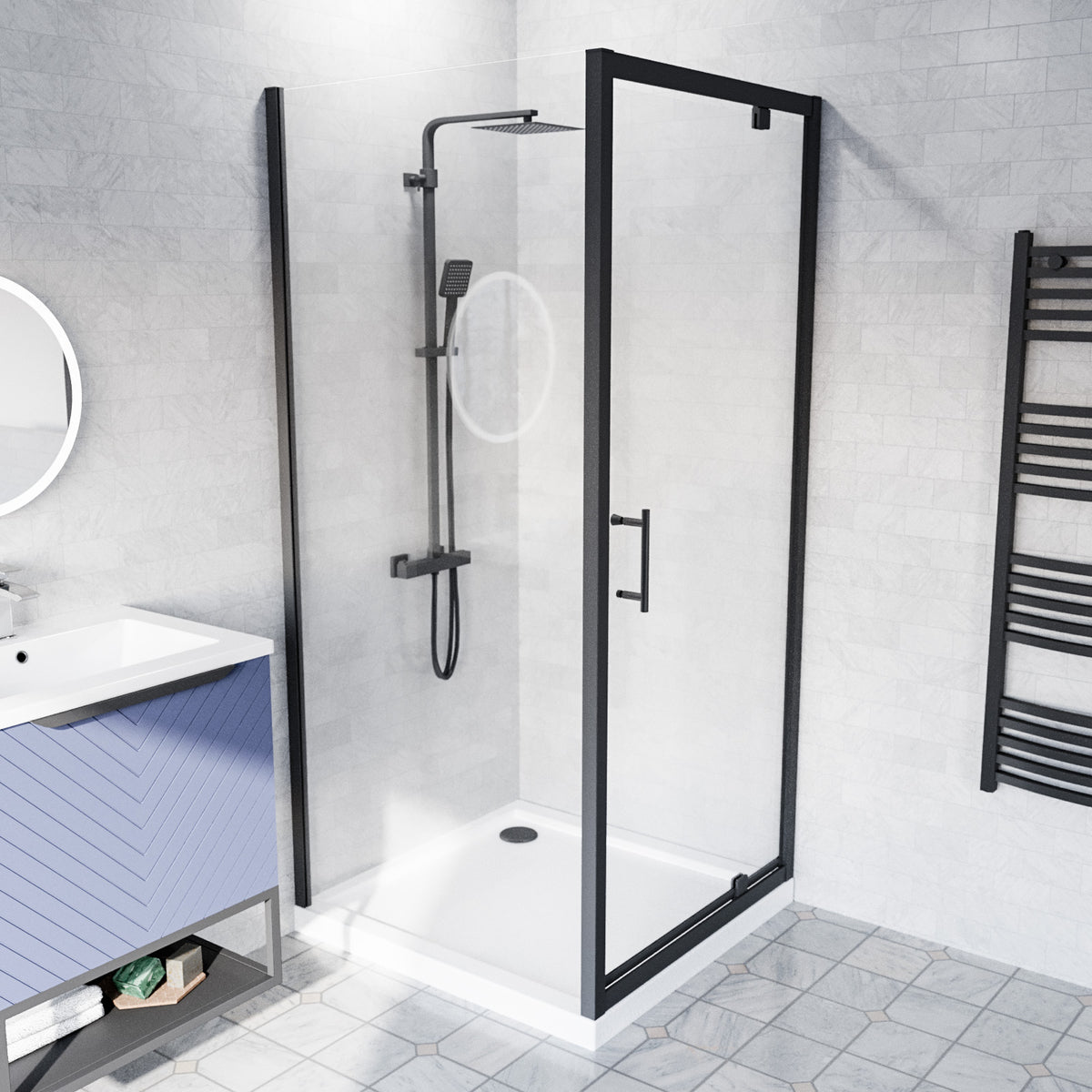 Shower Pivot Door 900mm x 1850mm & 900mm Side Panel with Tray & Waste - Matte Black