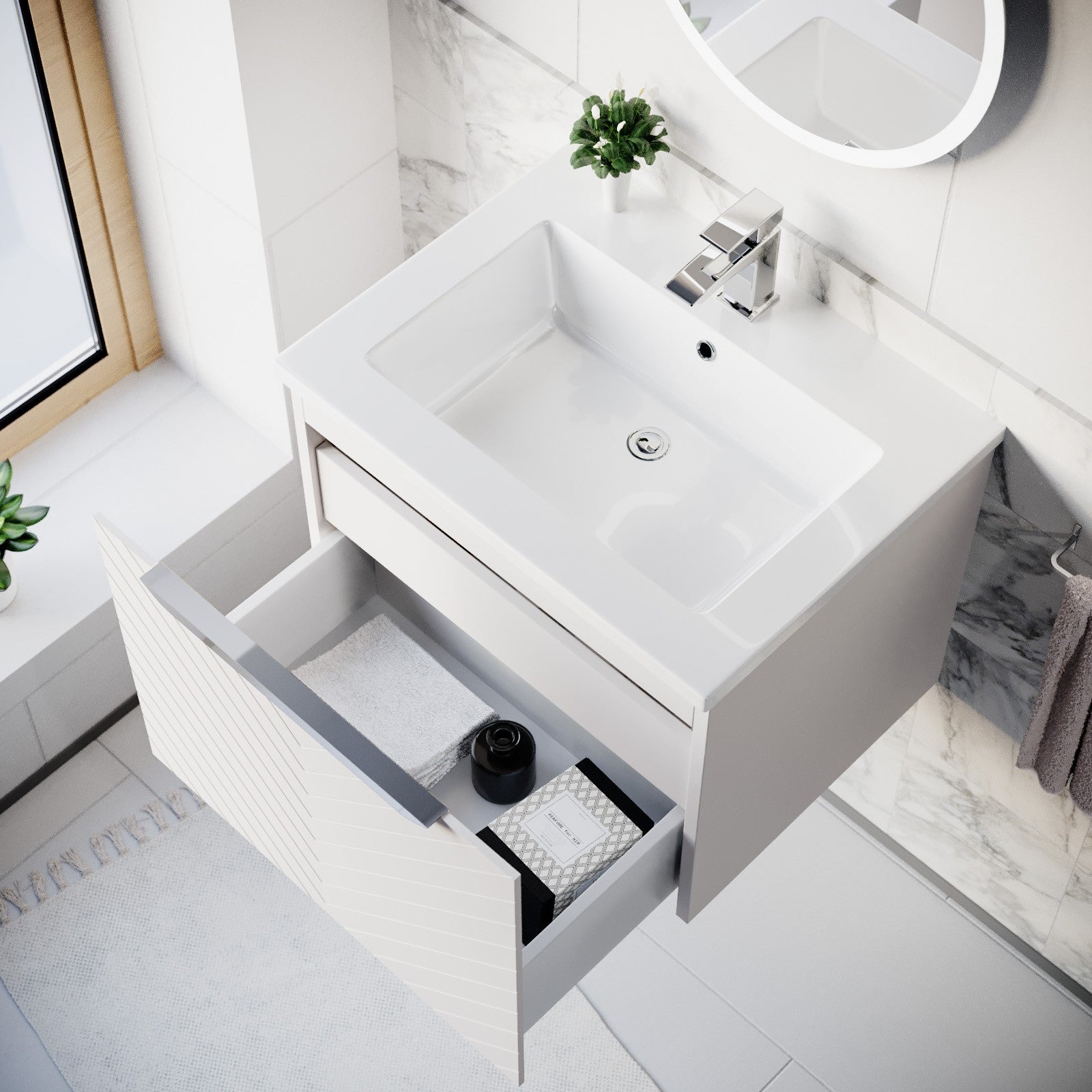 600mm Wall Hung Vanity Double Drawers Matte Pink with Basin and Silver Handle