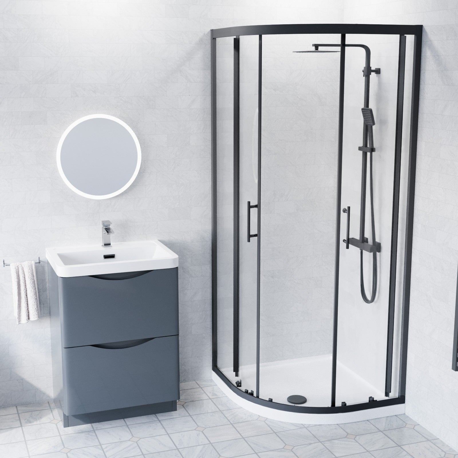 600mm Floor Standing Vanity With Ceramic Basin, Close Coupled Toilet & Quadrant Screen