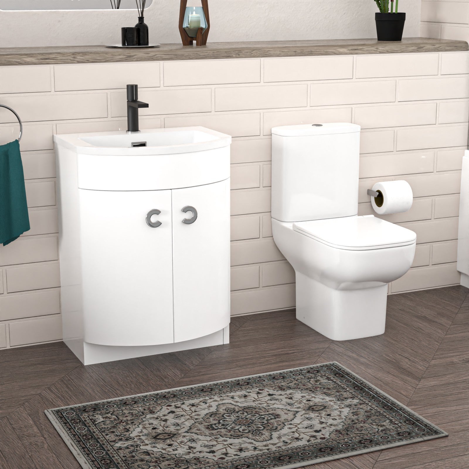 P-Shaped Left Hand Bath, Panel, Bath Screen with 600mm Freestanding Vanity & Toilet Set