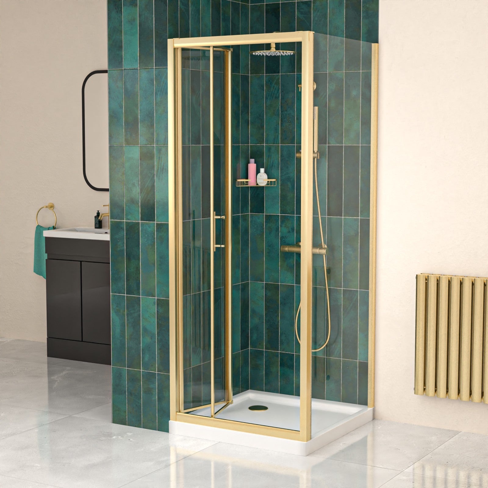 Brushed Brass 760mm Bi-fold Shower Door 760mm Side Panel Glass With Tray