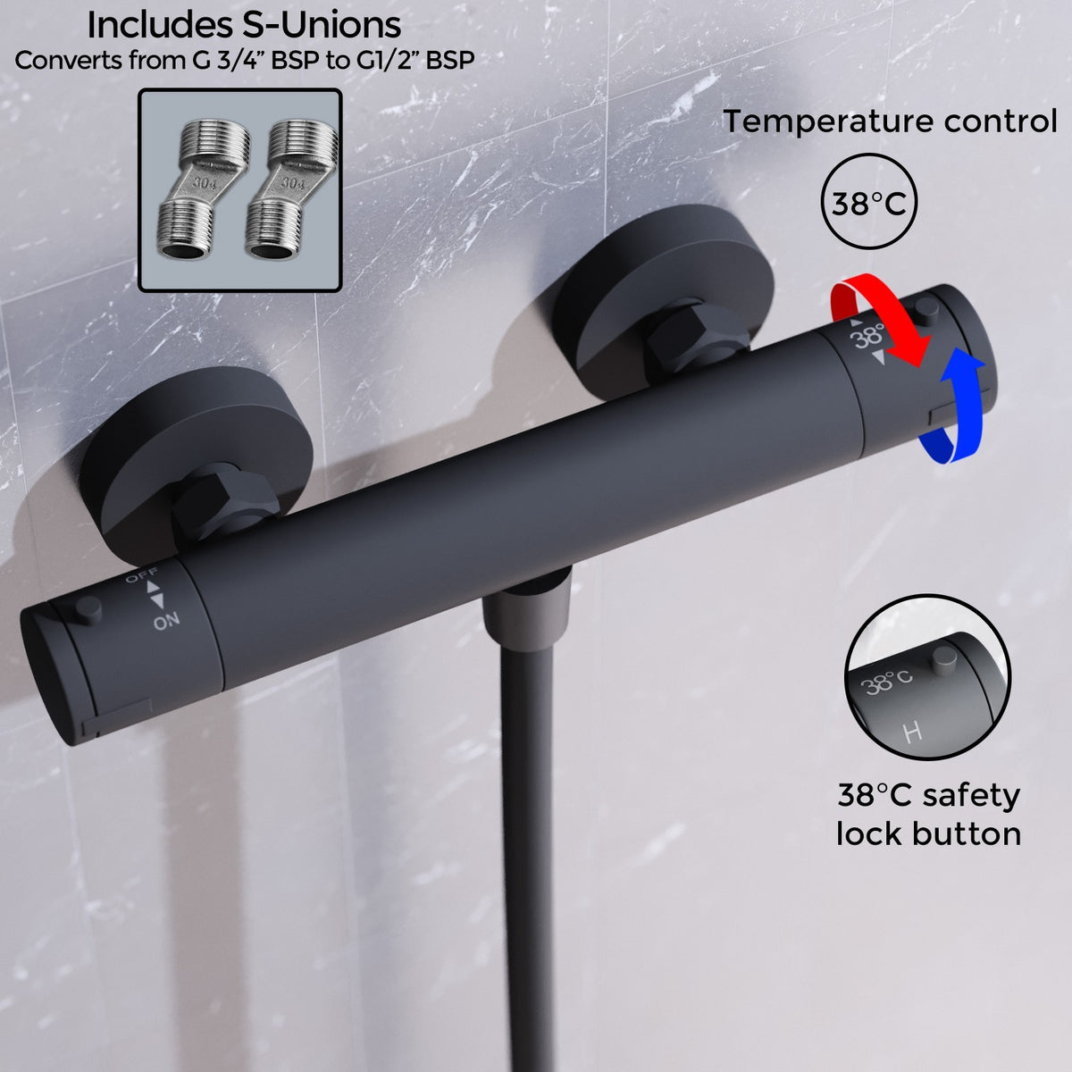 Round Matte Black Thermostatic Shower Bar with Shower Slider Rail Kit