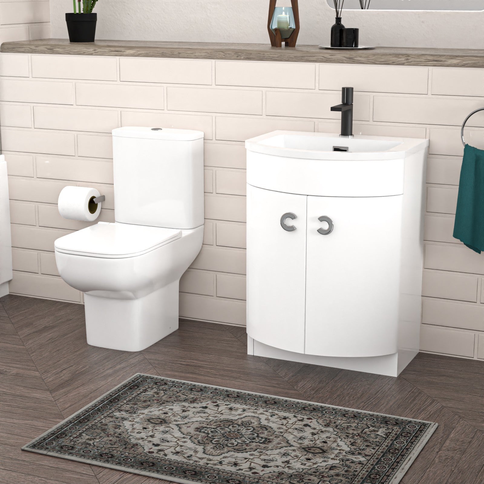 P-Shaped Right Hand Bath Set, Panel, Screen, 600mm Floorstanding Vanity with Toilet