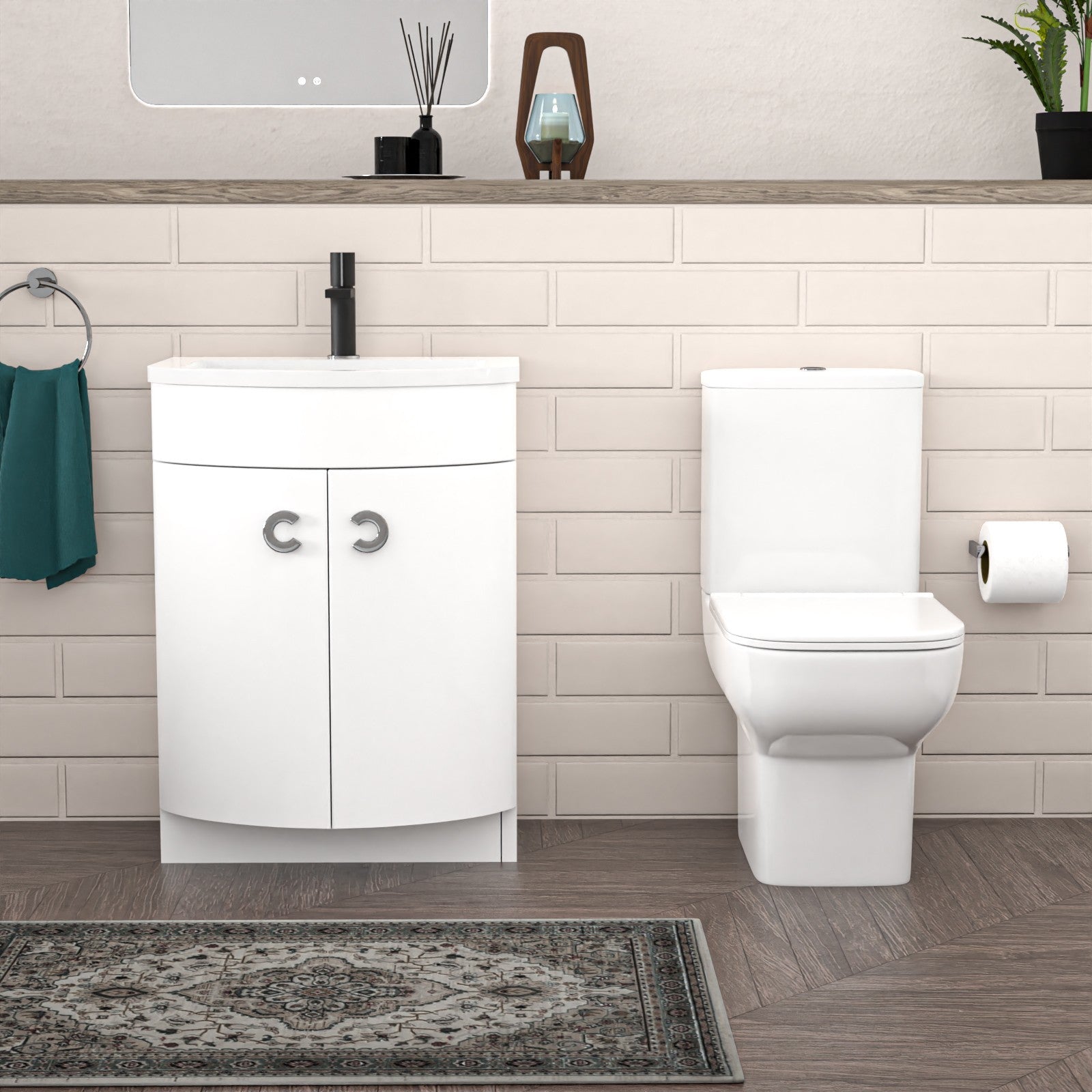 P-Shaped Left Hand Bath, Panel, Bath Screen with 600mm Freestanding Vanity & Toilet Set