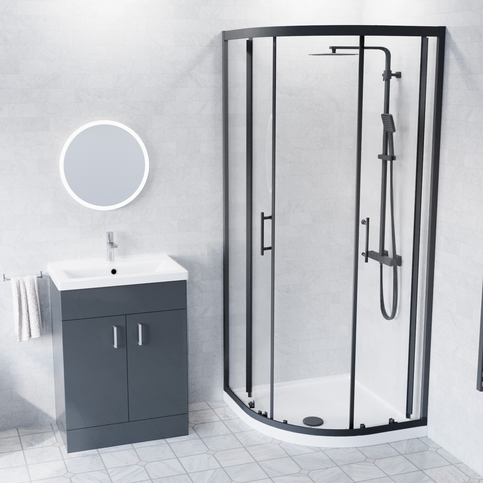 600mm Floorstanding Anthracite Cabinet With Basin & Square Rimless Toilet, 900mm Shower Screen
