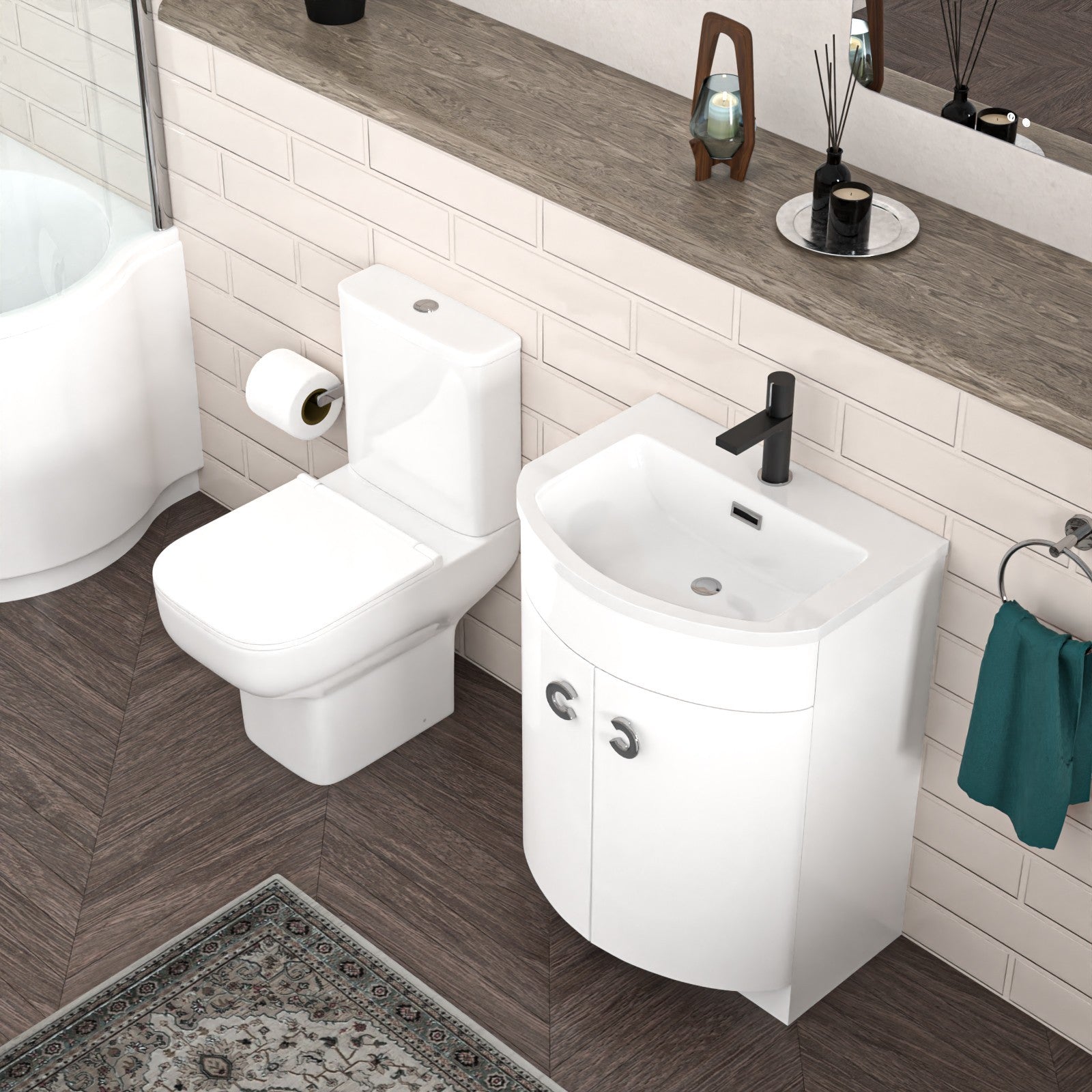 P-Shaped Right Hand Bath Set, Panel, Screen, 600mm Floorstanding Vanity with Toilet