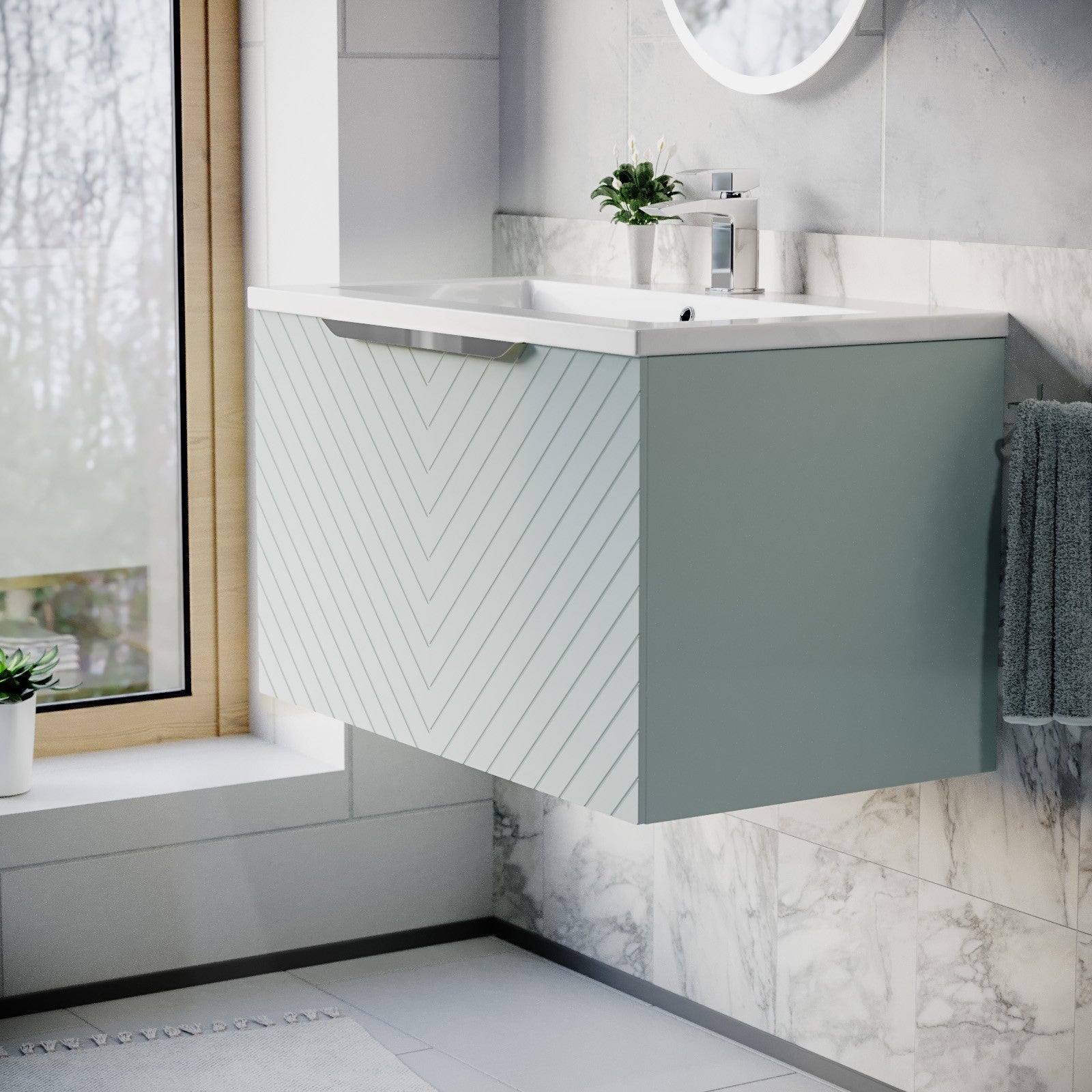 800mm Wall Hung Vanity Double Drawers Matte Green with Basin and Silver Handle