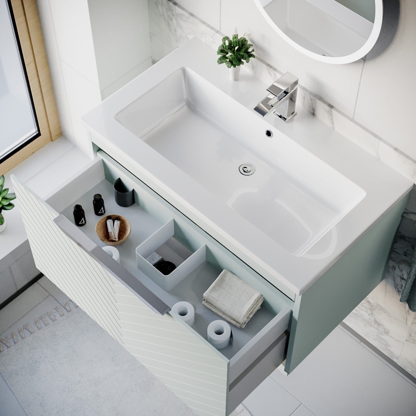 800mm Wall Hung Vanity Double Drawers Matte Green with Basin and Silver Handle