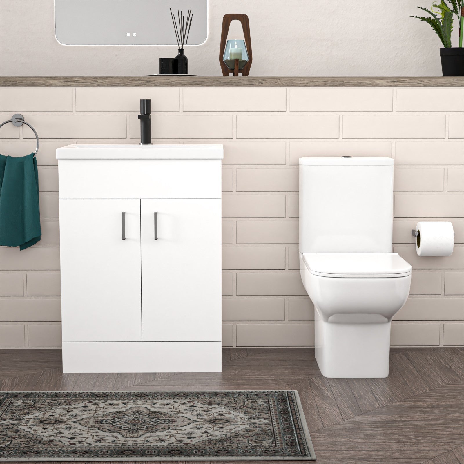 P-Shaped Left Hand Bath with Panel & Screen, 600mm Floor Standing Vanity with Toilet