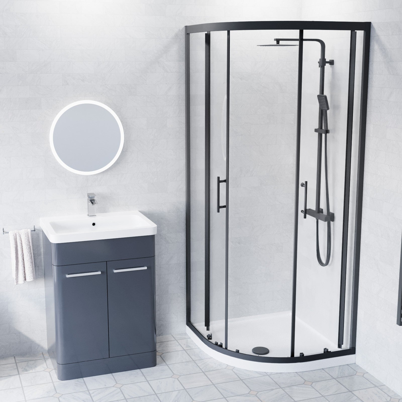 AFERN 600mm Freestanding Anthracite Vanity with Close Coupled Toilet & Quadrant Screen