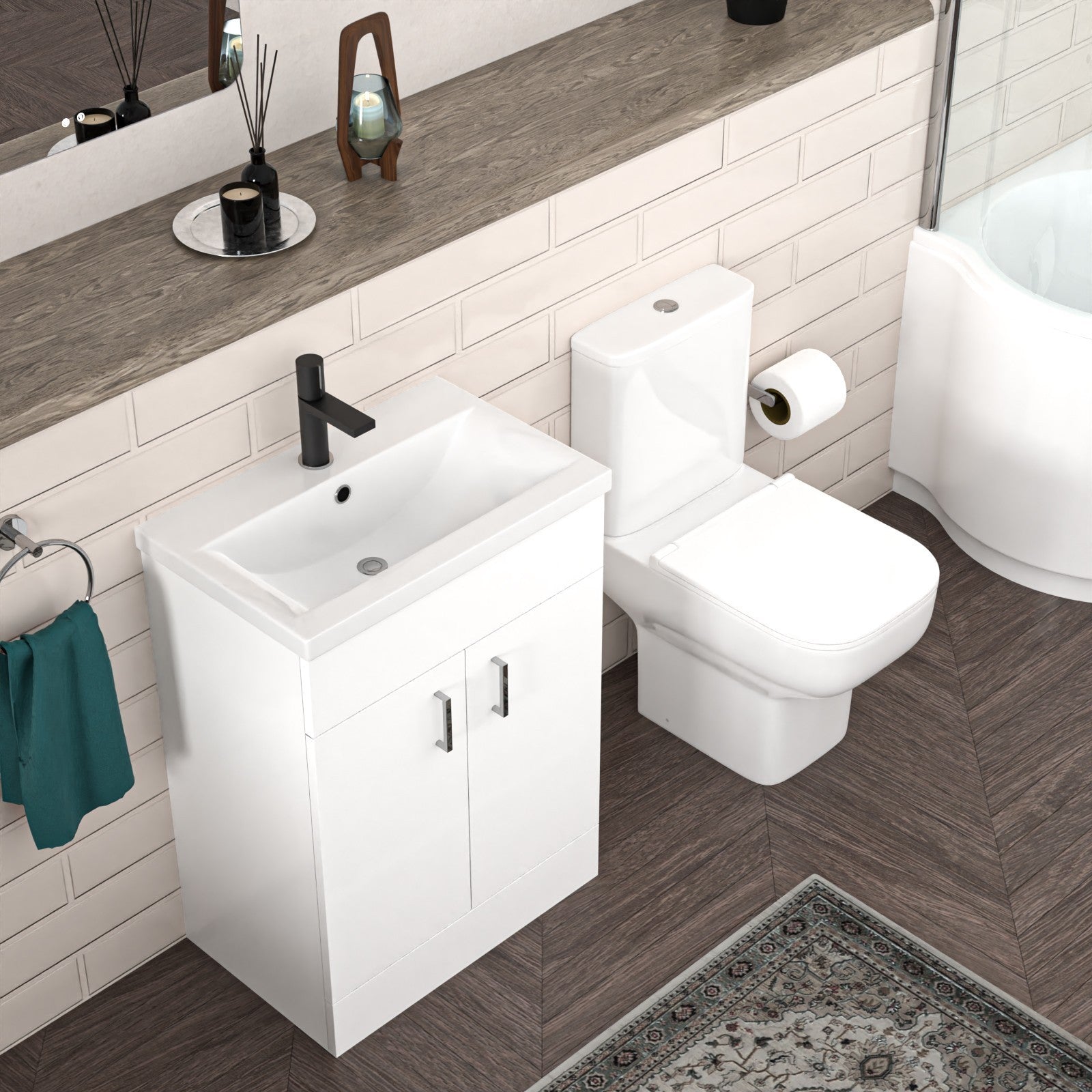 P-Shaped Left Hand Bath with Panel & Screen, 600mm Floor Standing Vanity with Toilet