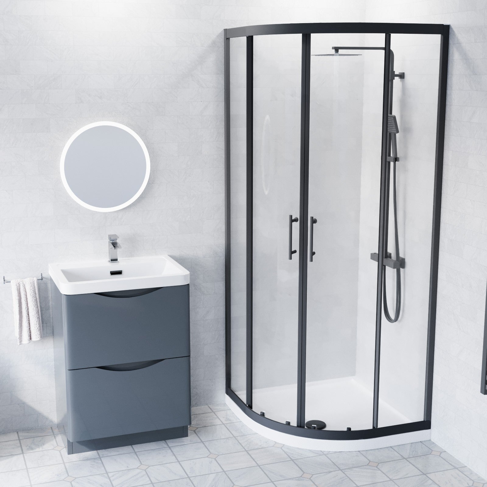 600mm Floor Standing Vanity With Ceramic Basin, Close Coupled Toilet & Quadrant Screen