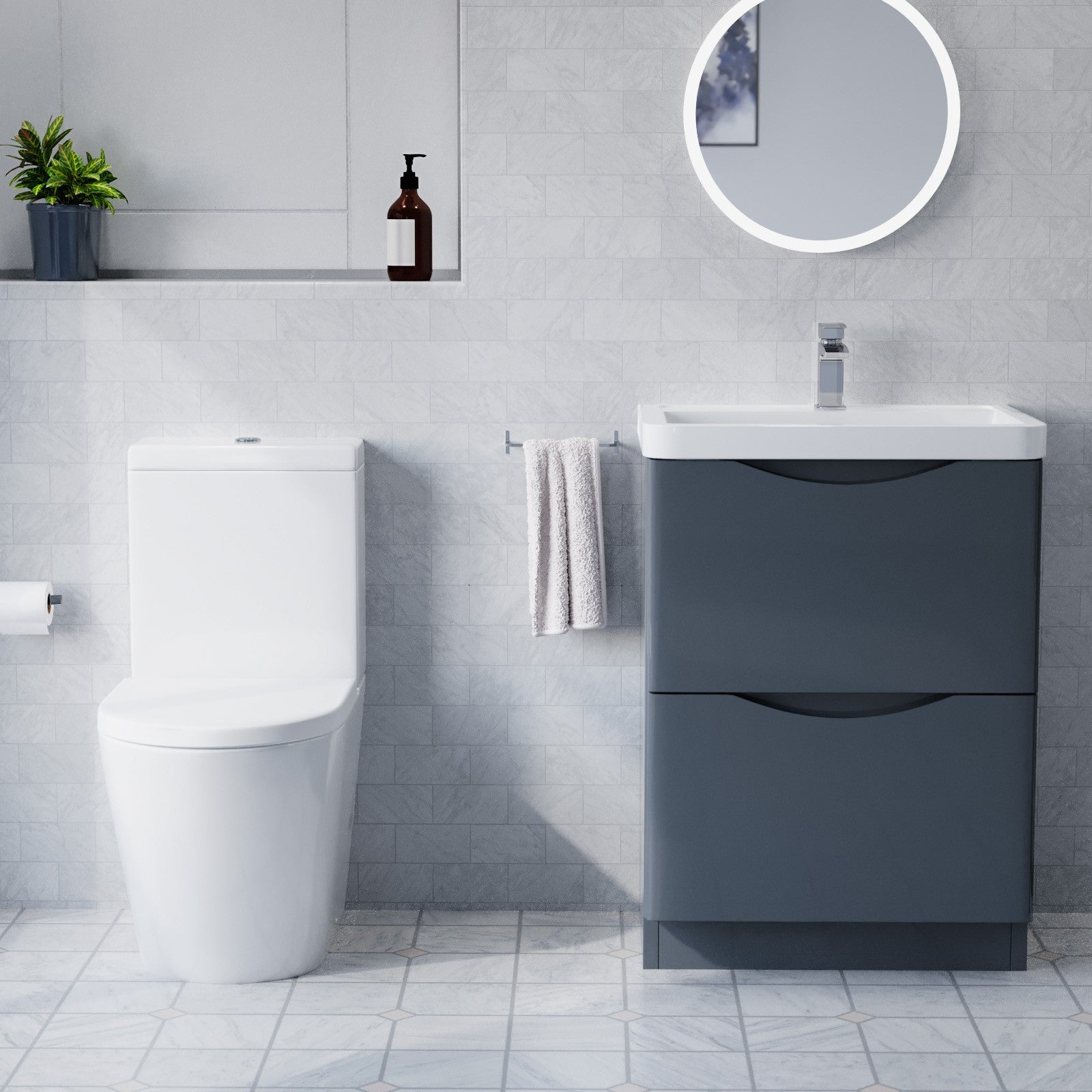 600mm Freestanding Anthracite Vanity with Close Coupled Toilet & 900mm Quadrant Screen