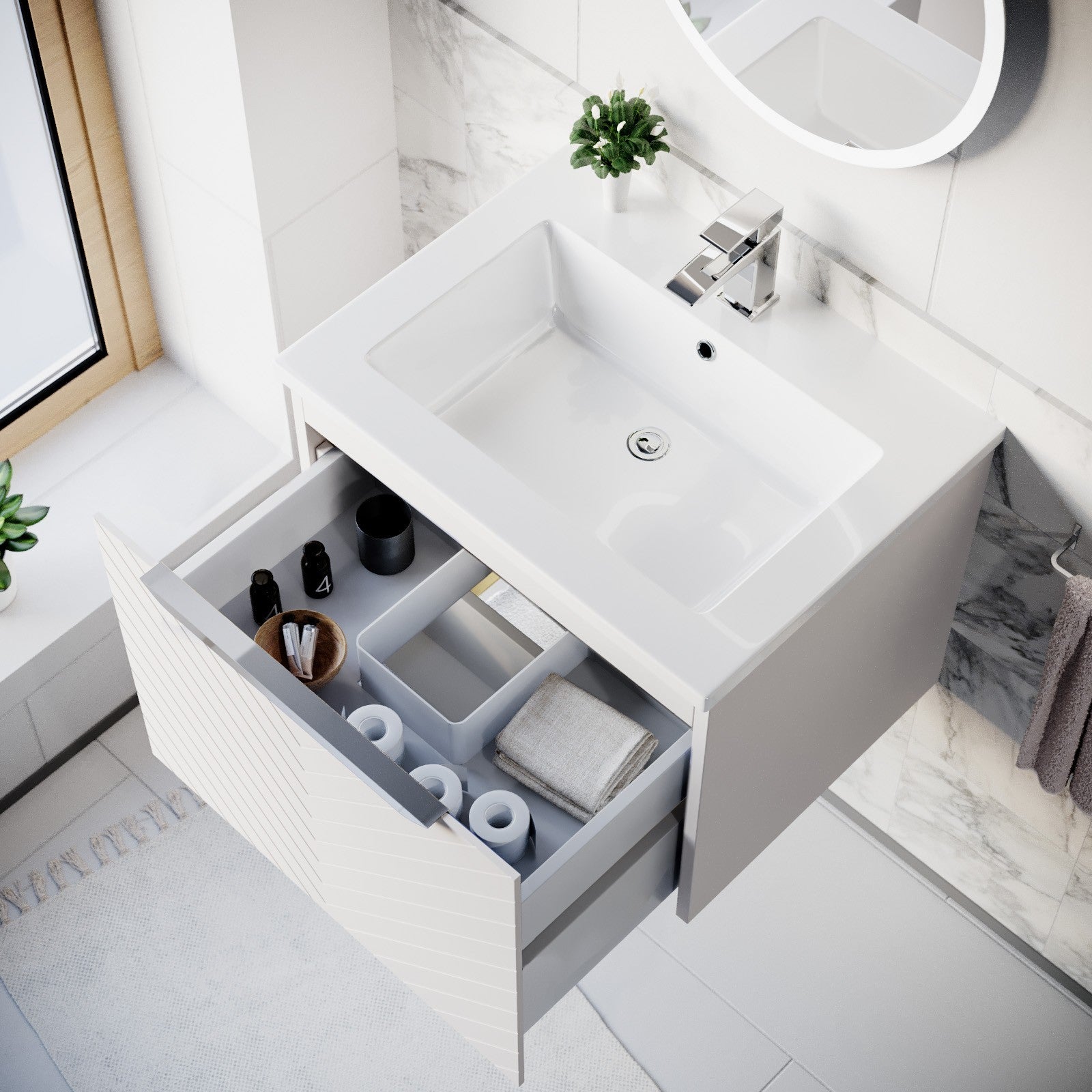 600mm Wall Hung Vanity Double Drawers Matte Pink with Basin and Silver Handle