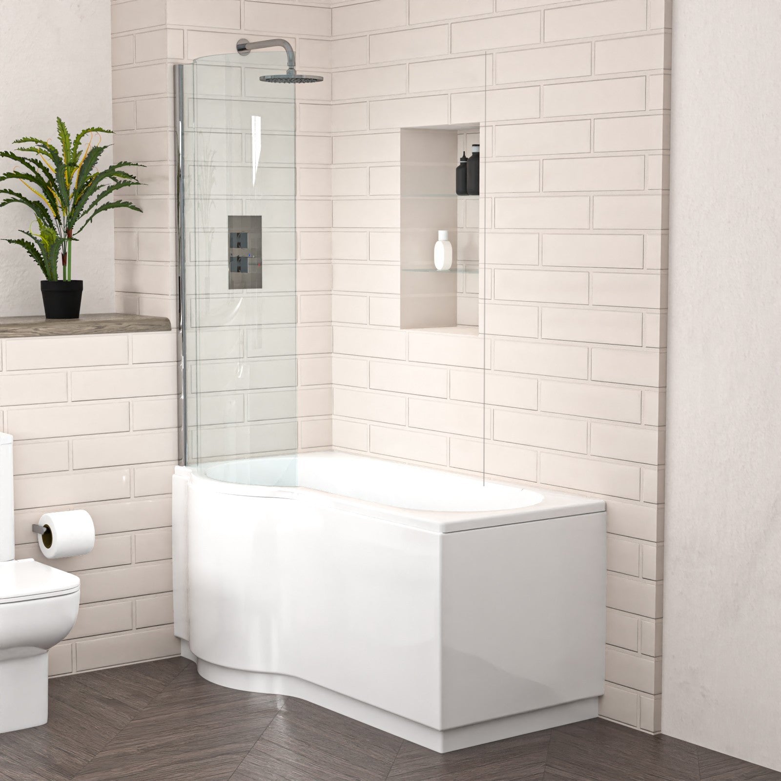 P-Shaped Left Hand Bath with Panel & Screen, 600mm Floor Standing Vanity with Toilet