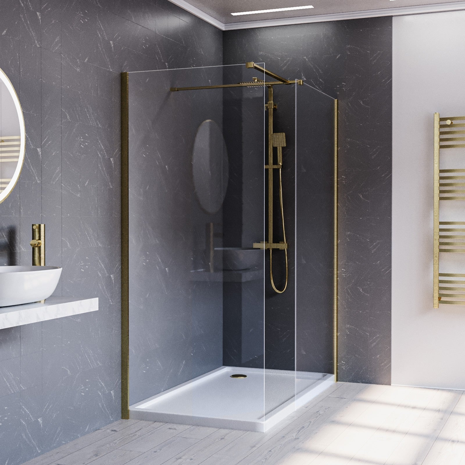 Brushed Brass 1400 x 800mm Wet Room Screen 8mm Tempered Glass with Tray