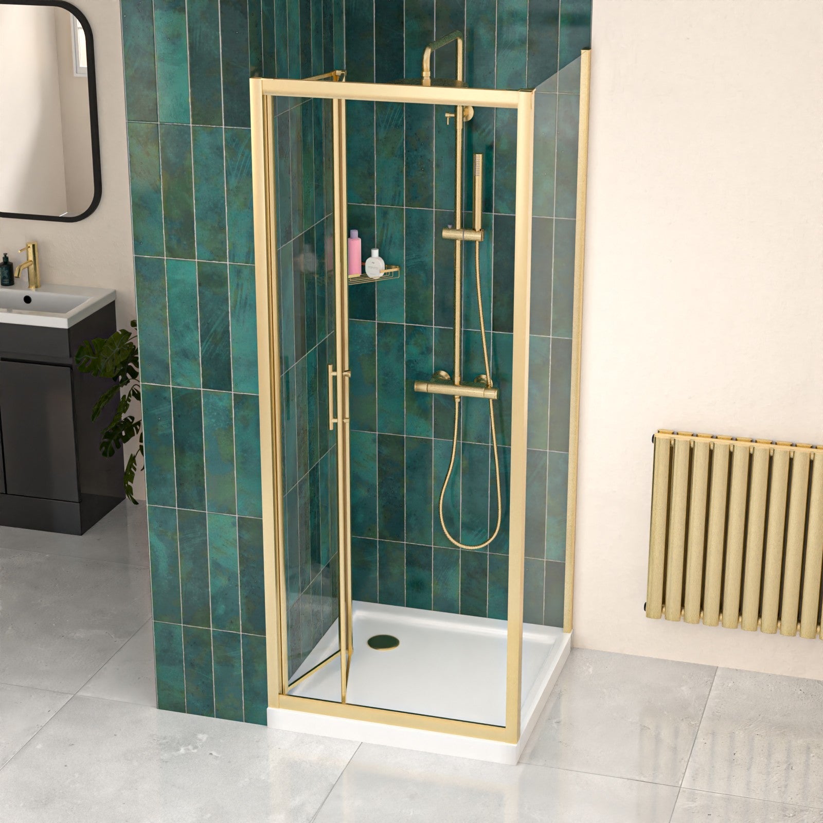 Brushed Brass 760mm Bi-fold Shower Door 760mm Side Panel Glass With Tray