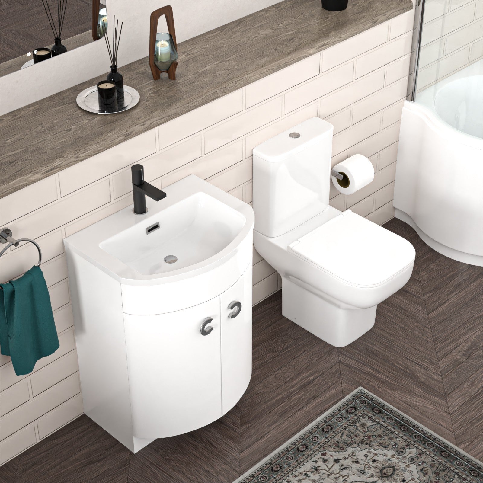 P-Shaped Left Hand Bath, Panel, Bath Screen with 600mm Freestanding Vanity & Toilet Set