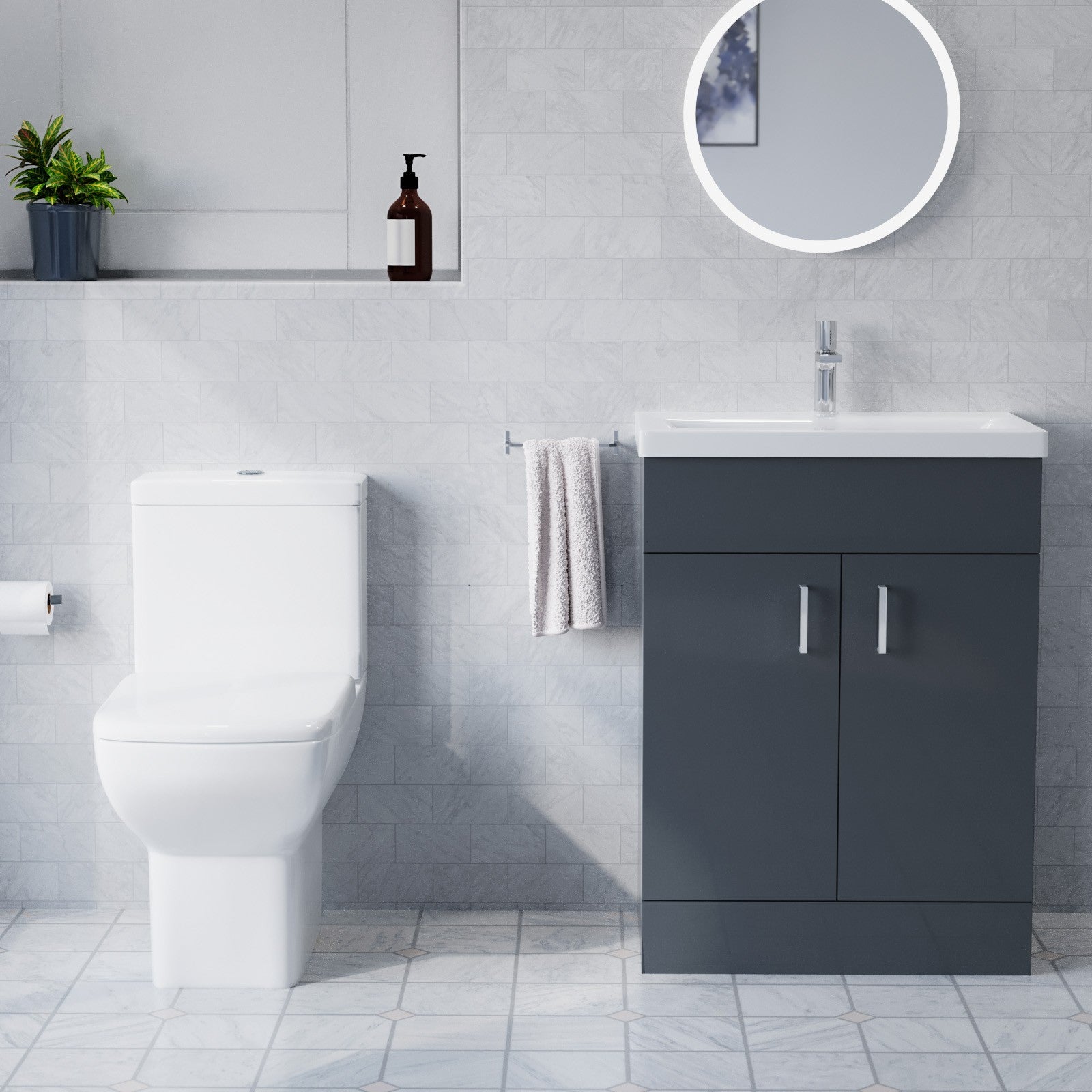 600mm Floorstanding Anthracite Cabinet With Basin & Square Rimless Toilet, 800mm Shower Screen