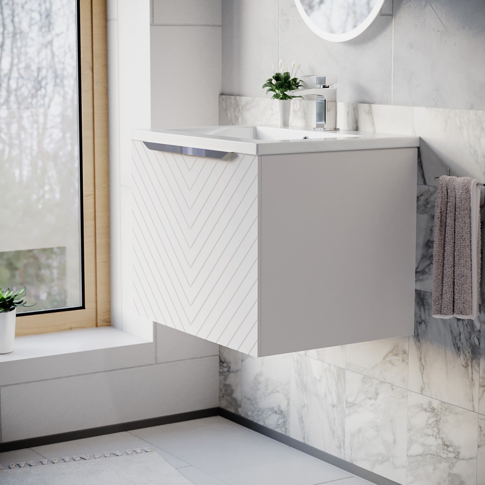 600mm Wall Hung Vanity Double Drawers Matte Pink with Basin and Silver Handle