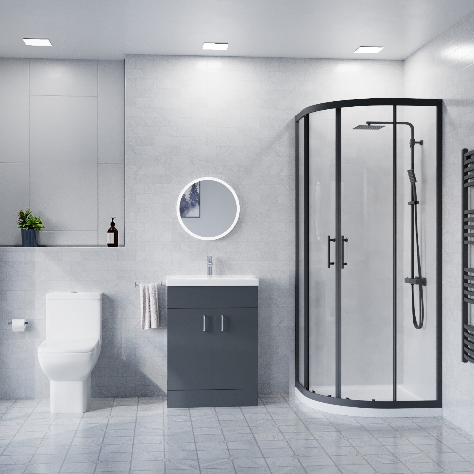 600mm Floorstanding Anthracite Cabinet With Basin & Square Rimless Toilet, 800mm Shower Screen