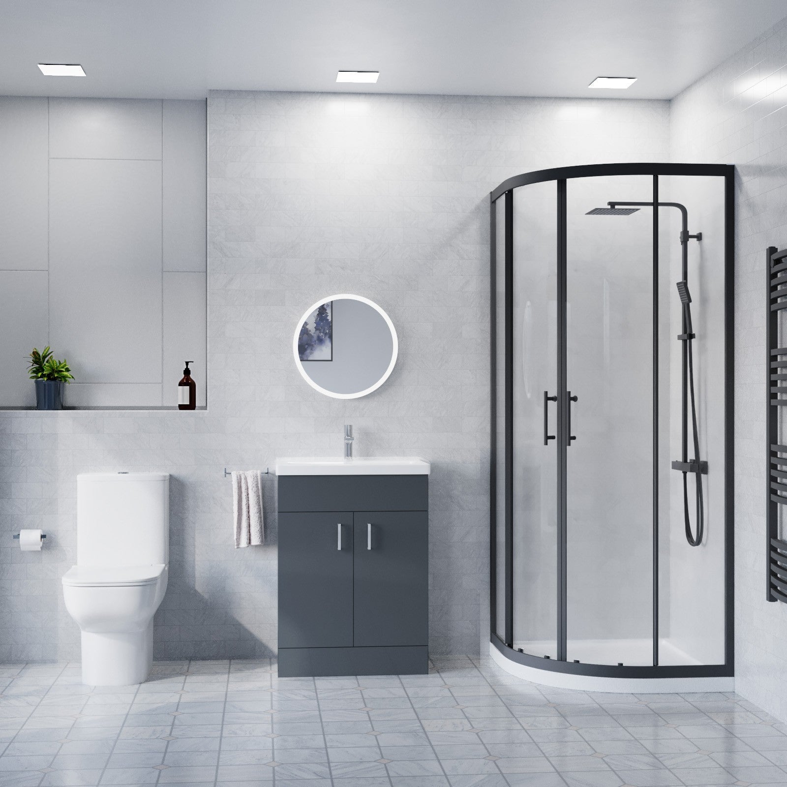 600mm Floor Standing Anthracite Cabinet With Basin & Toilet, 800mm Quadrant Screen