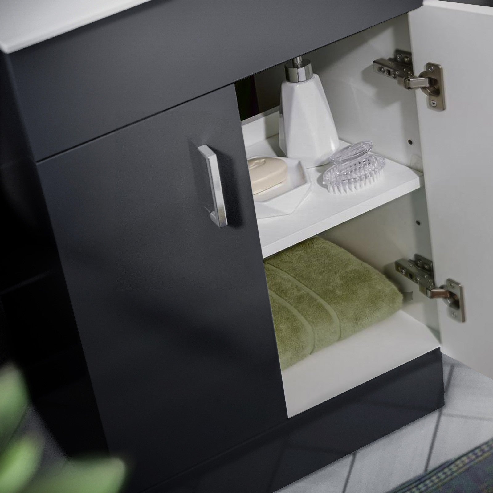 Anthracite 600mm Floor Standing Cabinet With Ceramic Basin & Toilet, 800mm Quadrant Screen