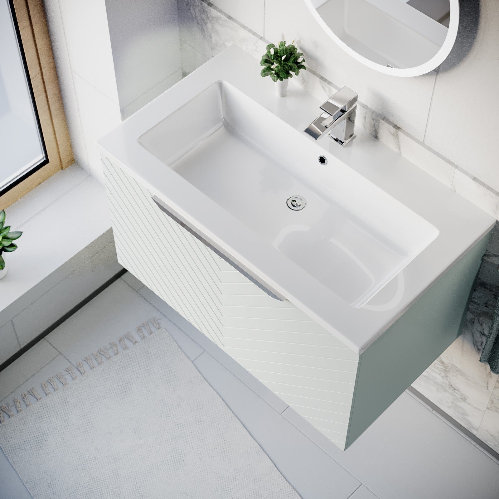 800mm Wall Hung Vanity Double Drawers Matte Green with Basin and Silver Handle