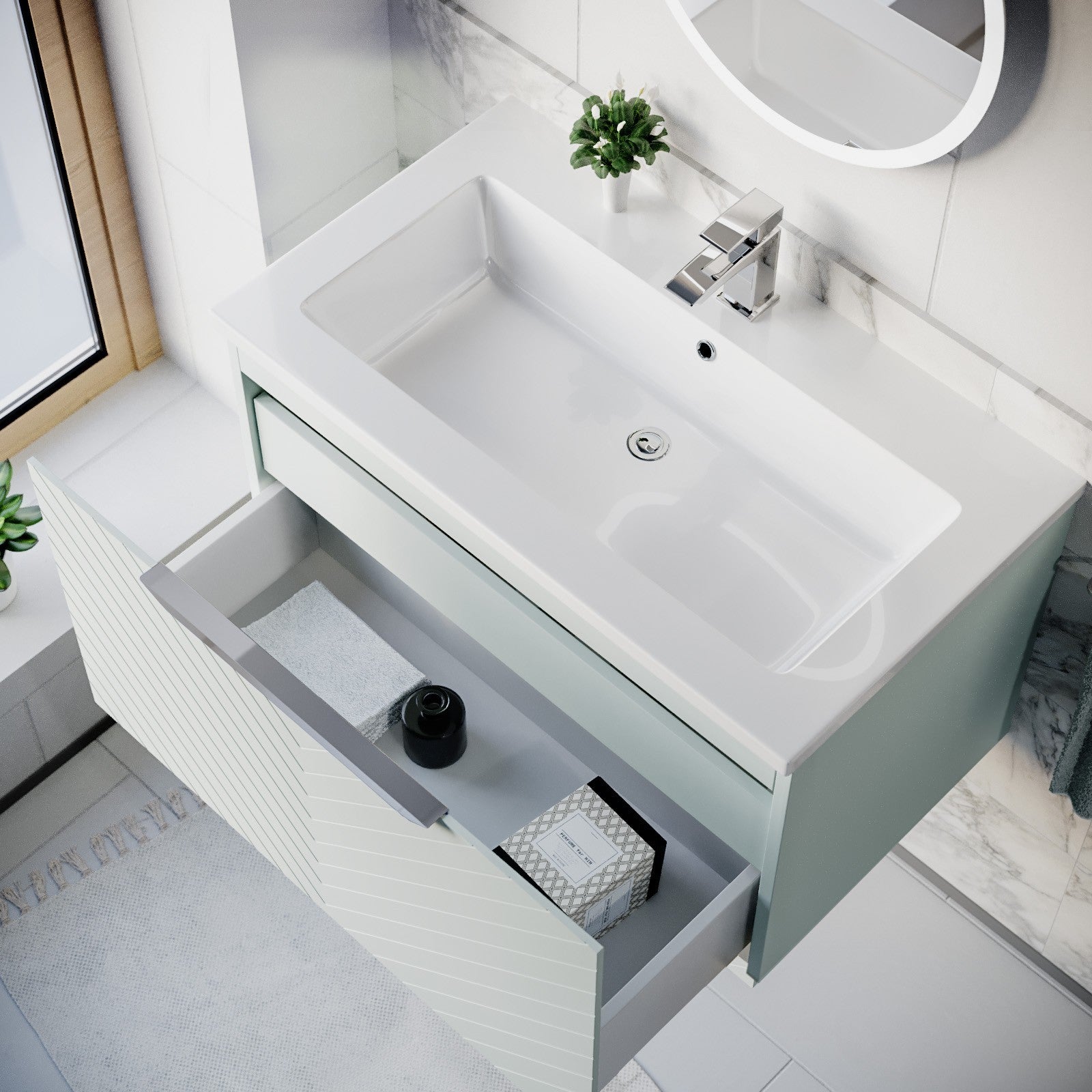 800mm Wall Hung Vanity Double Drawers Matte Green with Basin and Silver Handle