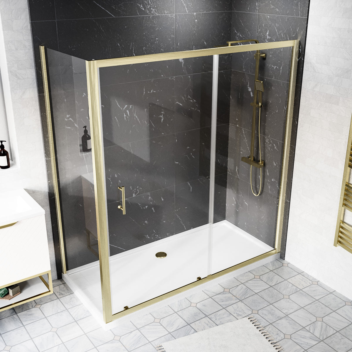 Shower 1700 x 1850mm Slider Door With 760 x 1850mm Side Panel - Brushed Brass