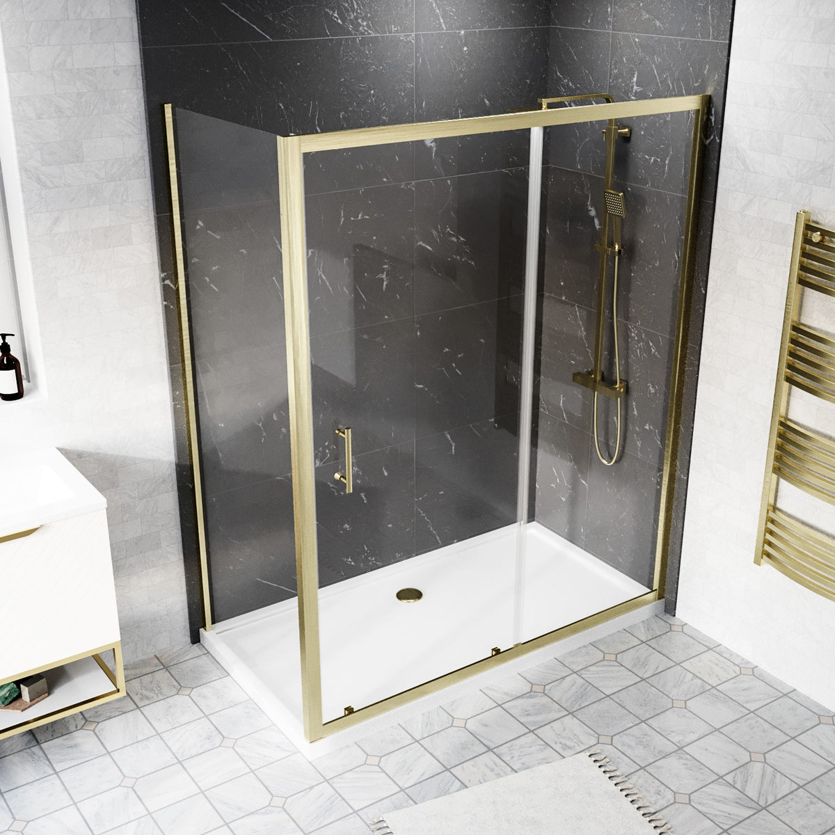 Shower 1400 x 1850mm Slider Door With 700mm Side Panel & Tray - Brushed Brass