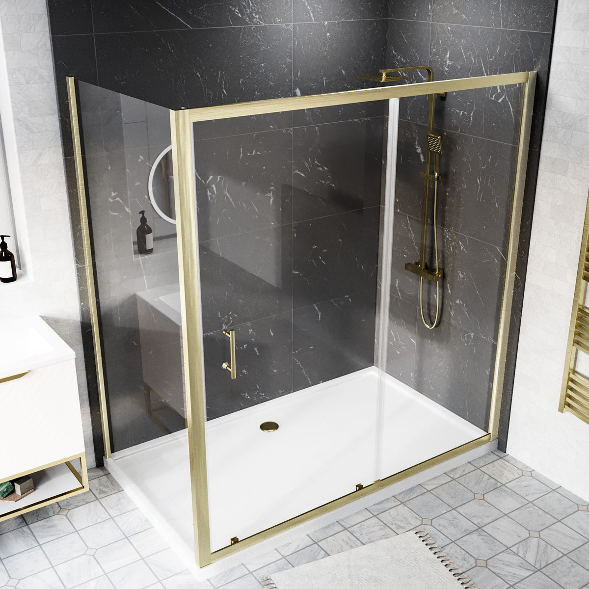 Shower 1600 x 1850mm Slider Door With 1000 x 1850mm Side Panel - Brushed Brass