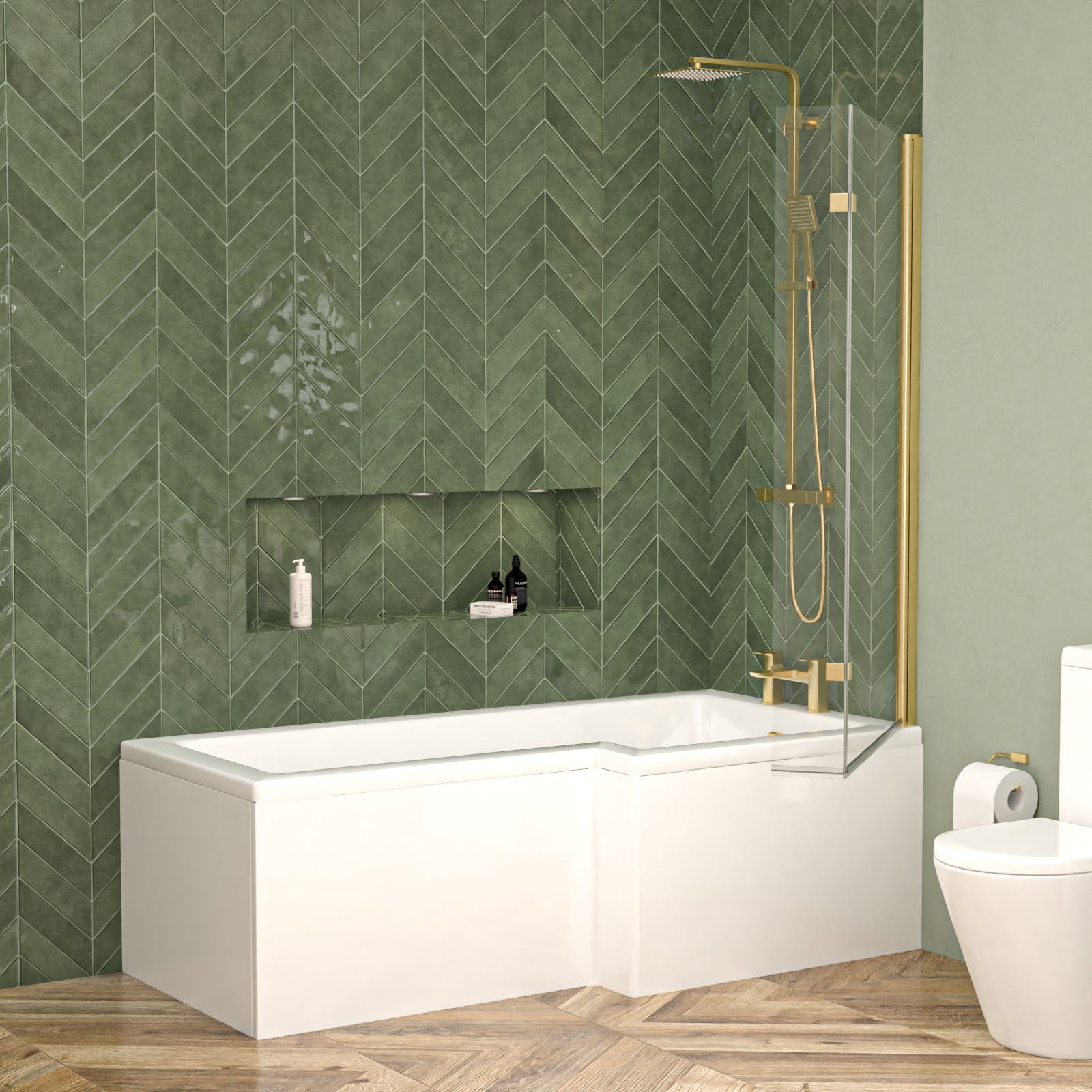 Right Hand L Shaped Shower Bath With Front Panel & Brushed Brass Screen