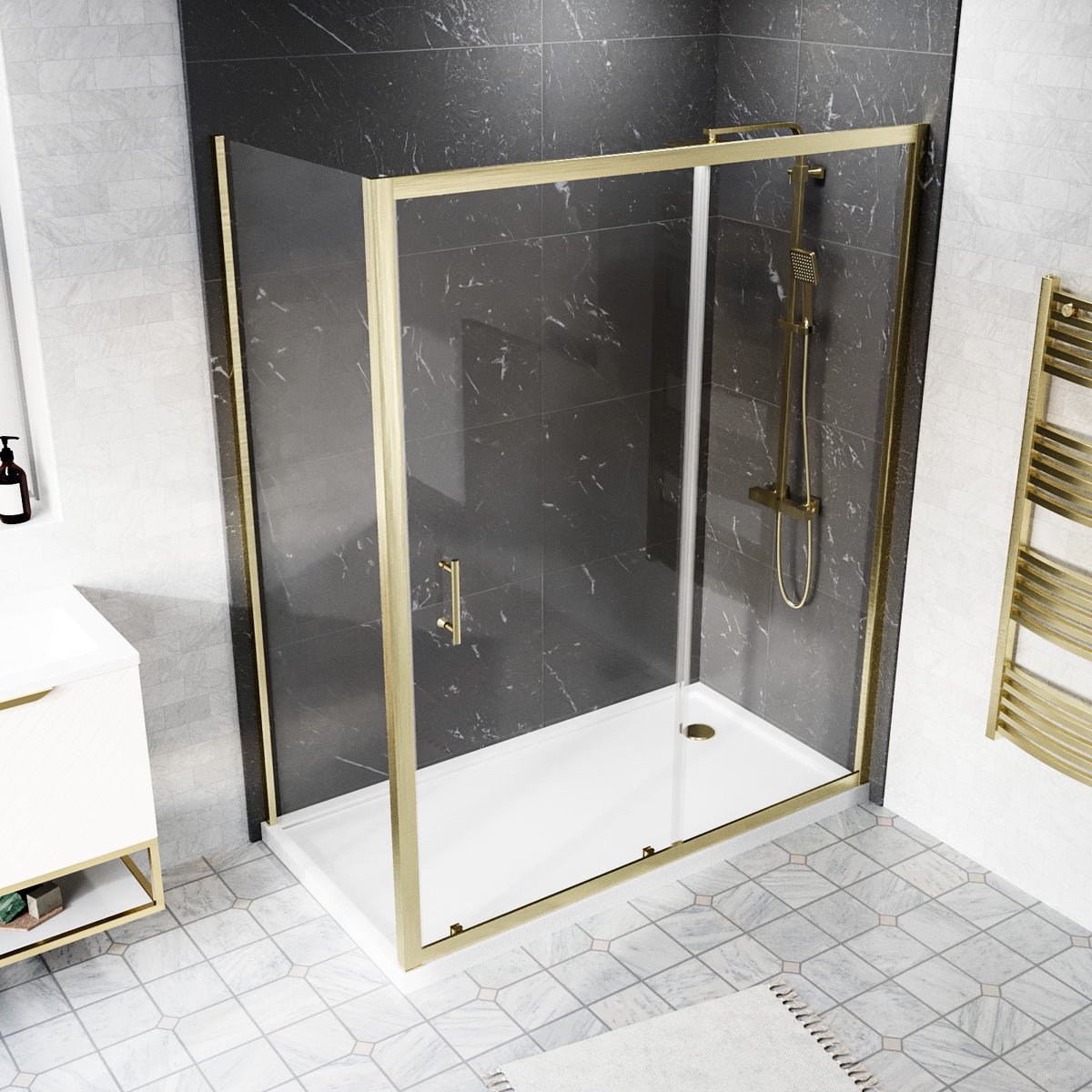 Shower 1500 x 1850mm Slider Door With 700 x 1850mm Side Panel - Brushed Brass