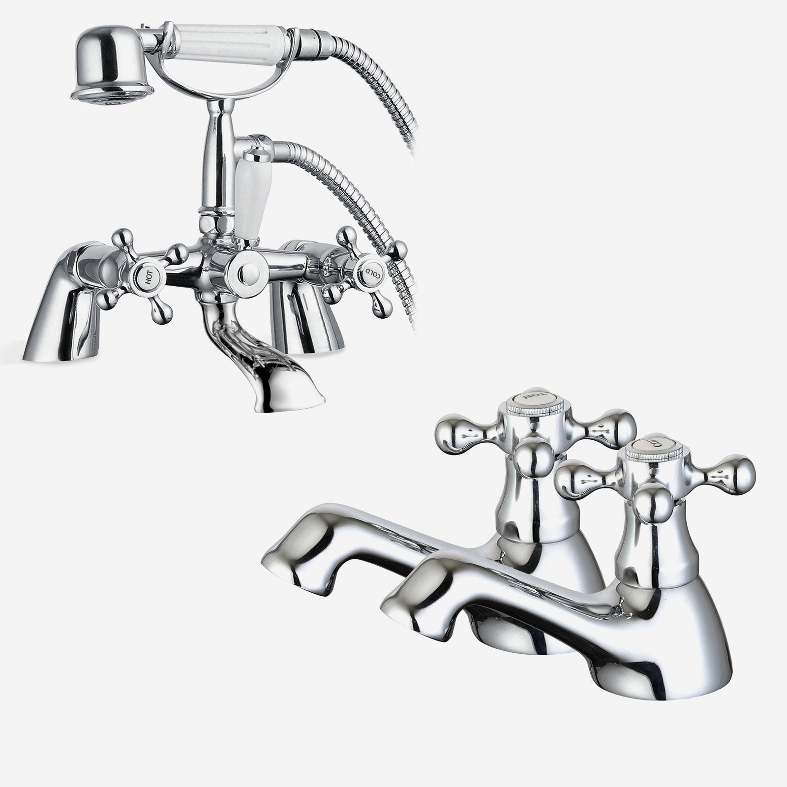 Stafford Victorian Set Of Hot & Cold Basin Taps And Bath Shower Mixer Tap With Handheld Kit