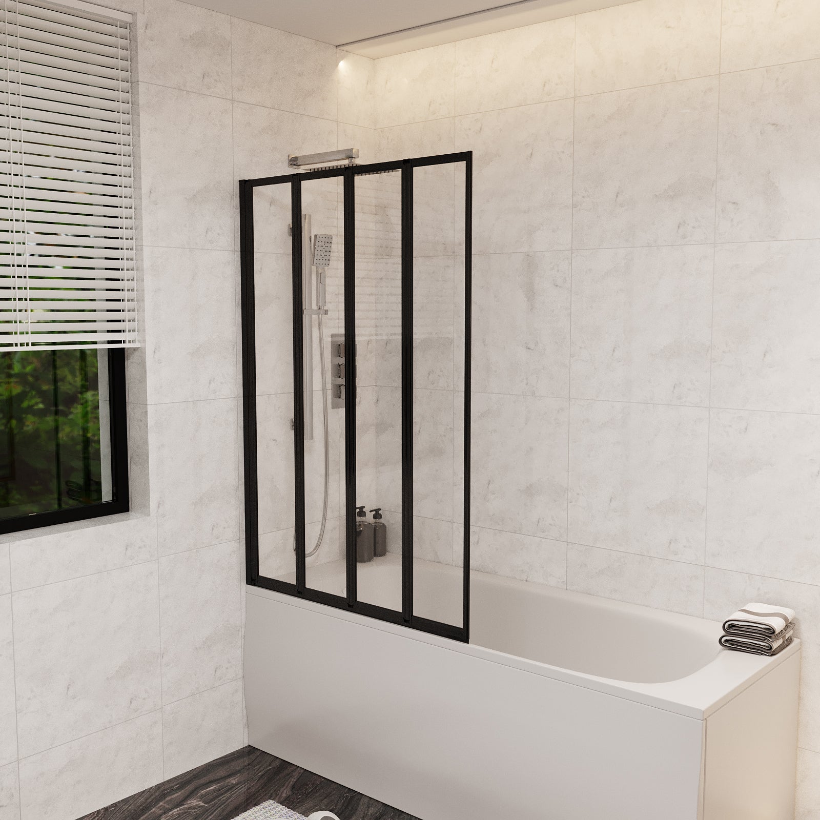 1100mm 4 Fold Folding Bath Shower Screen Matt Black Frame