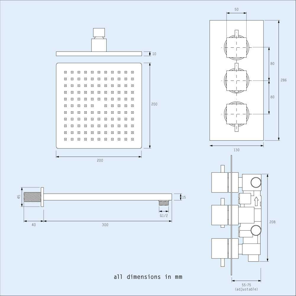 Olive 3 Dial 3 Way Square Set Shower Head Handset & Body Jets