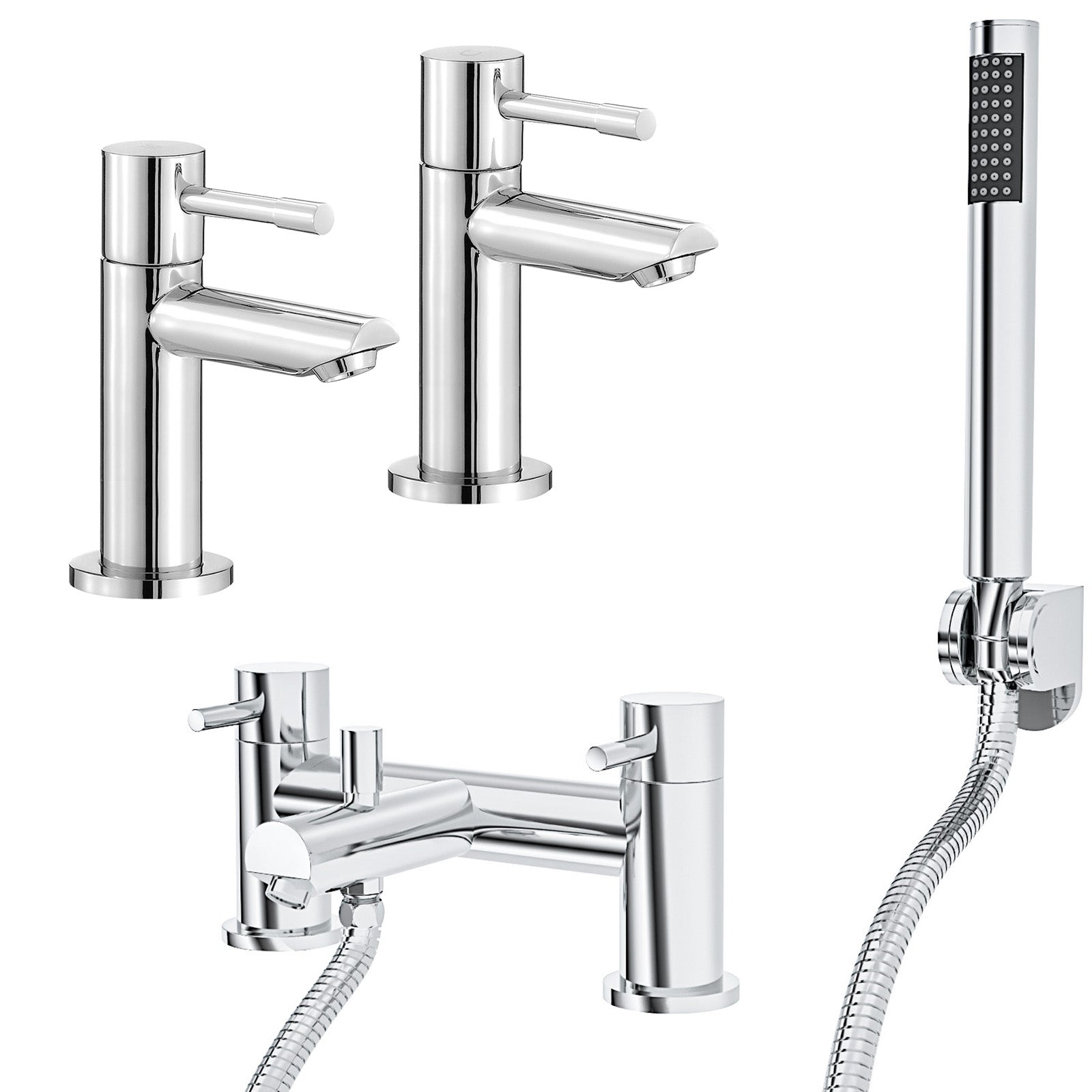 Marc Contemporary Set Of Two Basin Taps And Bath Shower Mixer Tap With Handheld Kit + Waste
