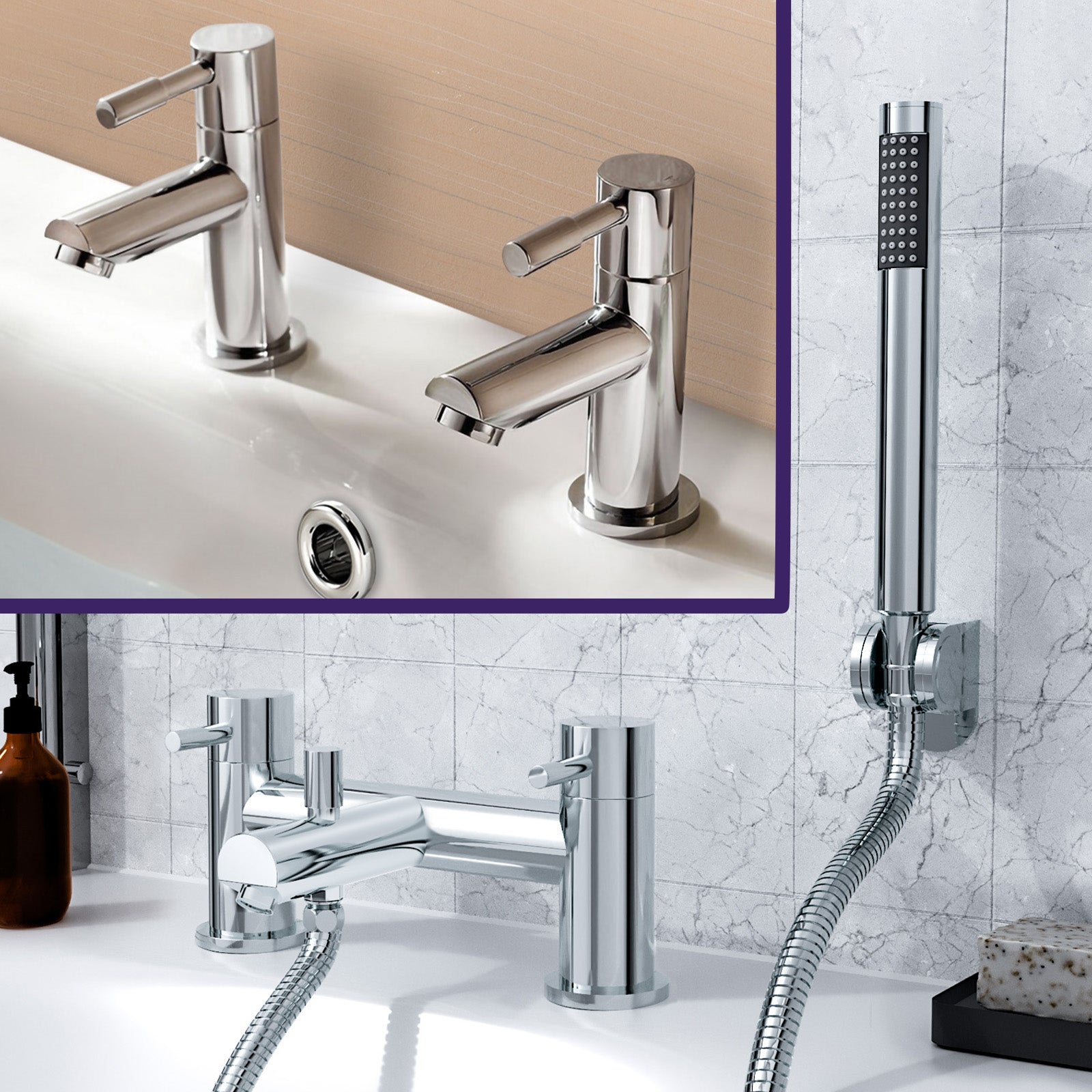 Marc Contemporary Set Of Two Basin Taps And Bath Shower Mixer Tap With Handheld Kit + Waste