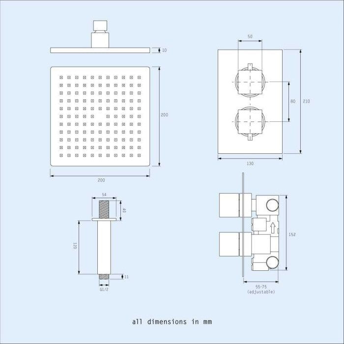 Sienna 2 Dial 1 Way Square Set - Ceiling Head