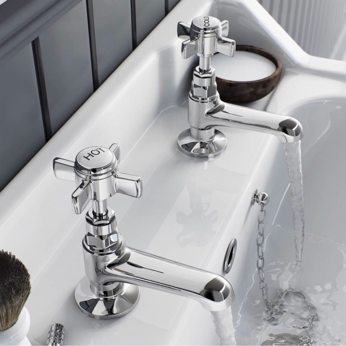 Edwardian Traditional Set Of Twin Basin Taps & Bath Shower Mixer Tap With Handheld Kit