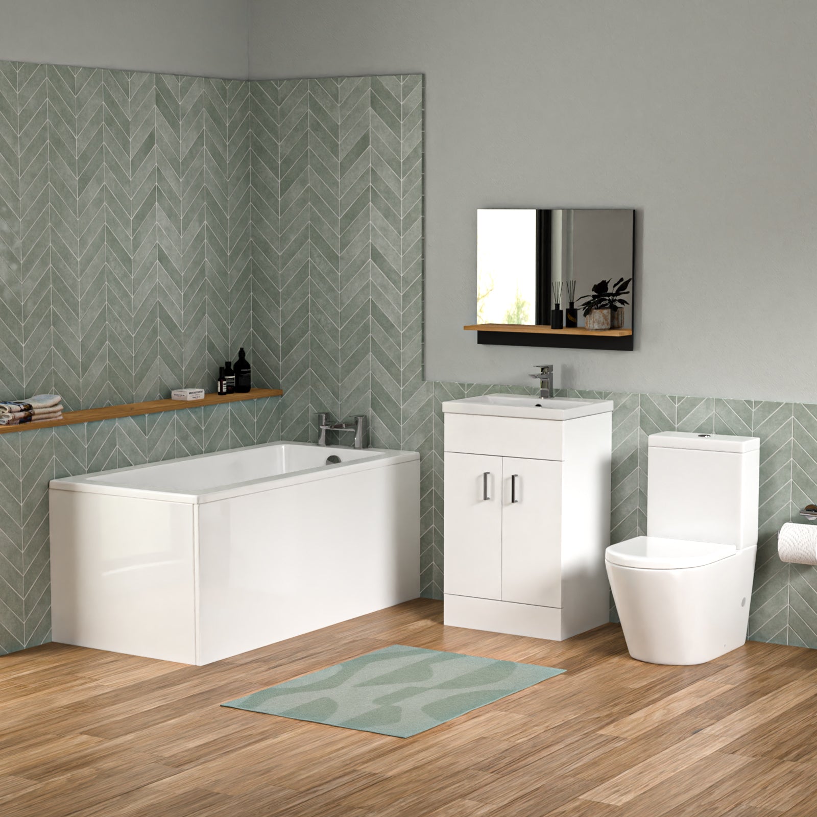 Bathroom Suite 1400mm Square Bathtub With Freestanding Vanity & Close Coupled Toilet